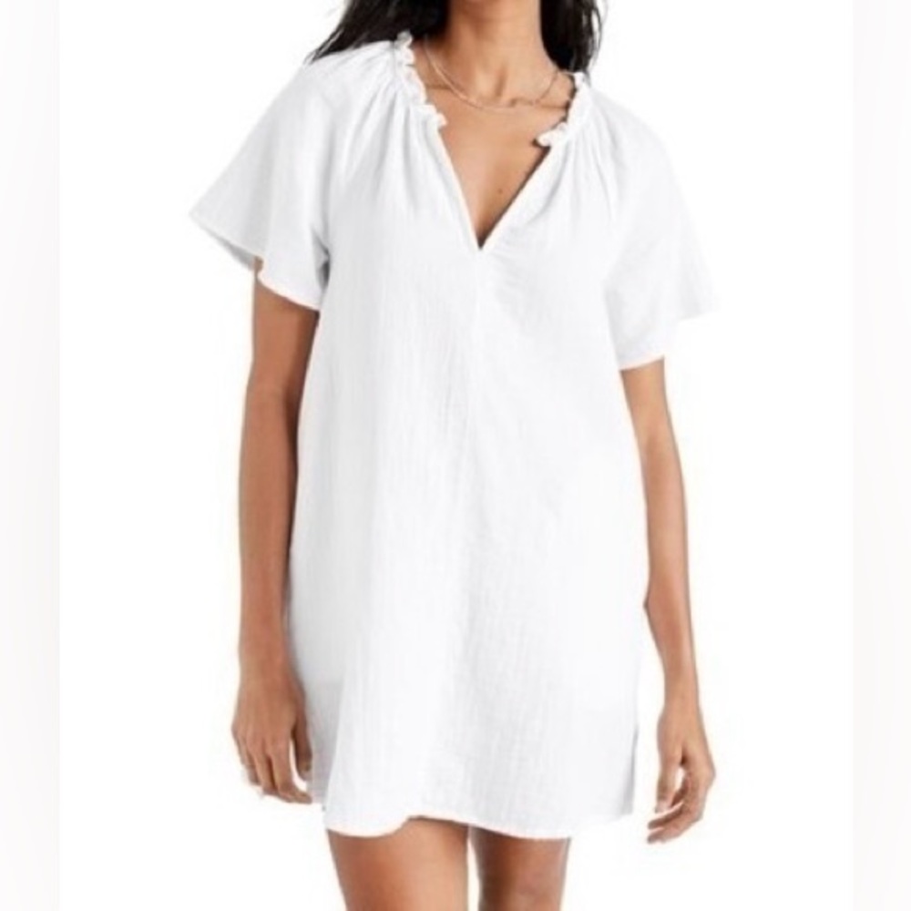 Old Navy White Gauze V-Neck Ruffle Neck Mini Swing Dress with Pockets
